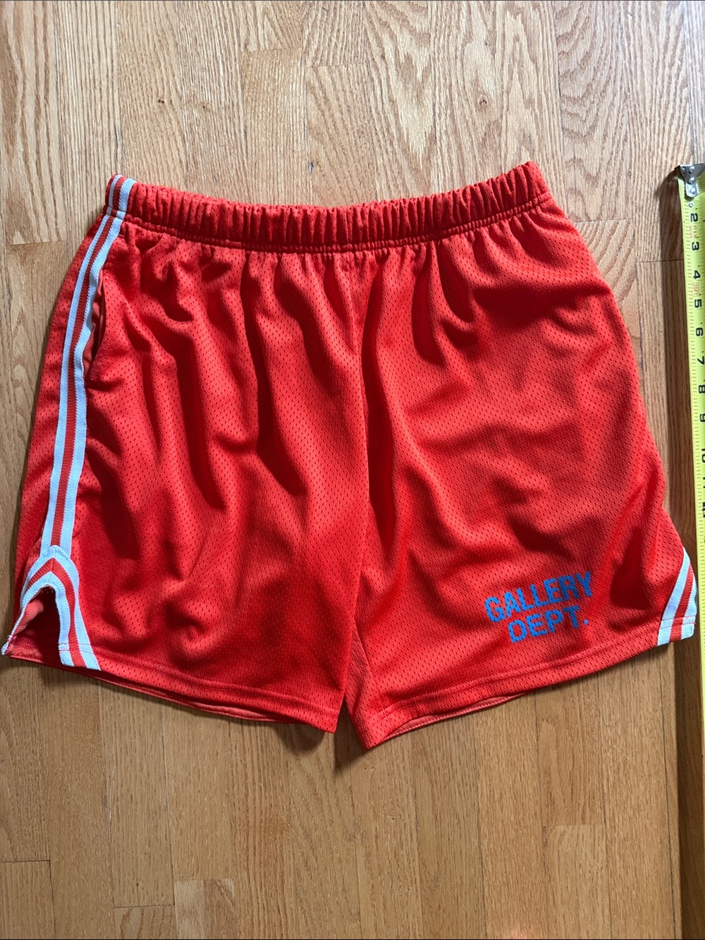 Gallery Dept Orange Mesh Shorts with Blue Logo and White Side Stripes